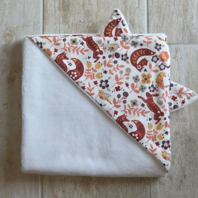 Cape de bain avec oreilles renard doublée 80cm x 80 cm