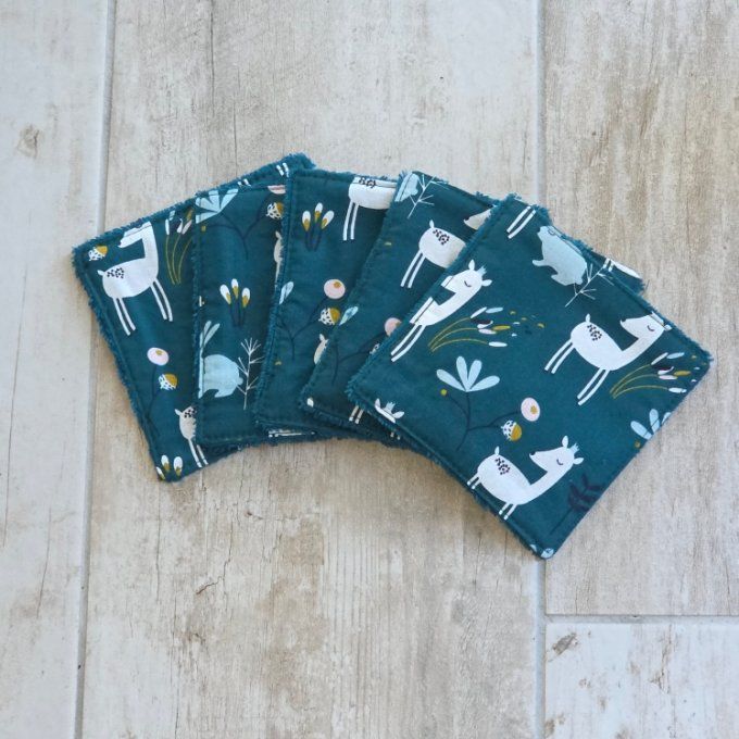 Lingettes lavables Biche bleu canard 12cm x 12 cm lot de 5